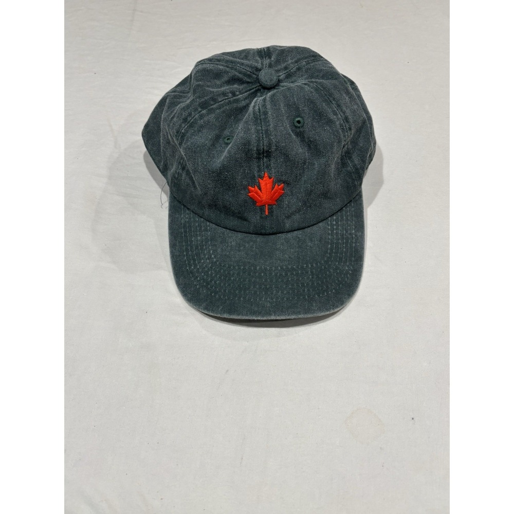 Vintage Washed Dark Green Baseball Cap Red Embroidered Maple Leaf Hat Adjustable